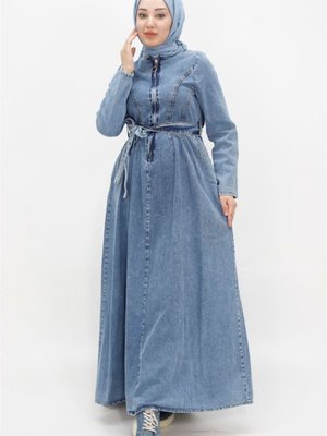 Buz Mavi Yaka Fermuarlı Kemerli Kot Spor Elbise Buz Mavi Yaka Fermuarlı Kemerli Kot Spor Elbise