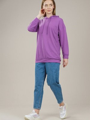 Kapüşonlu Yetim Kol Oversize Sweatshirt Mor Kapüşonlu Yetim Kol Oversize Sweatshirt Mor