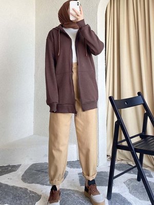 Siyah Kapüşonlu Fermuarlı Kalın Içi Polarlı Örme Sweatshirt