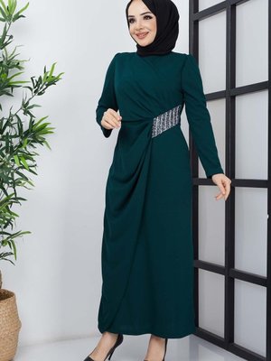 Yeşil Dalya Taşlı Krep Abiye Elbise