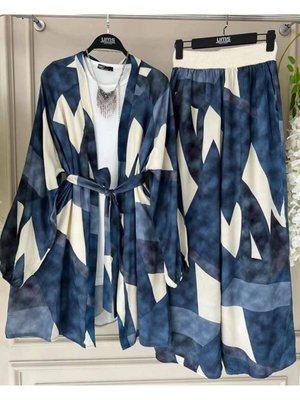 Şahin Desenli Hasır Bel Pantolon Kimono İkili Takım