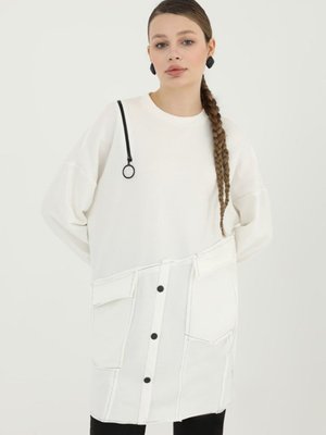 Ekru İp Kumaş Fermuar Ve Cep Detaylı Sweatshirt Ekru İp Kumaş Fermuar Ve Cep Detaylı Sweatshirt