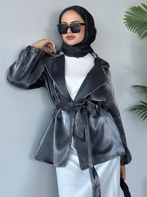 Yakası Taş Detaylı Ceket Gri