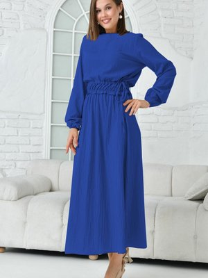 Saks Bisklet Yaka Uzun Kollu Gofre Elbise