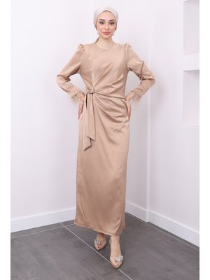 Vizon Kolu Tüylü Yan Detaylı Saten Abiye Elbise