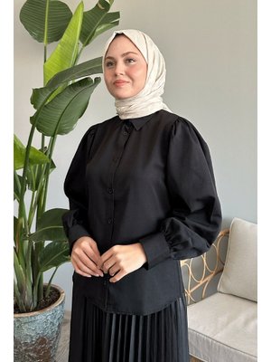 Balon Kollu Salaş Siyah Gömlek