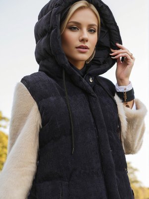 Lacivert Kapüşonlu Fitilli Kadife Yelek Lacivert Kapüşonlu Fitilli Kadife Yelek