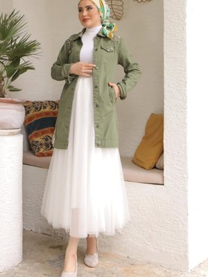 Haki Taşlı Cepli Kot Ceket