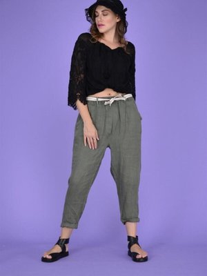 Haki Yeşil Keten Havuç Pantolon