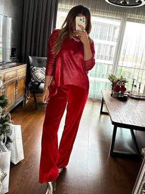 Kırmızı Kadife Boru Paça Pantolon