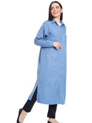 Keten Dokulu Uzun Basic Gömlek