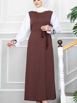 Kahverengi Balon Kol Elbise
