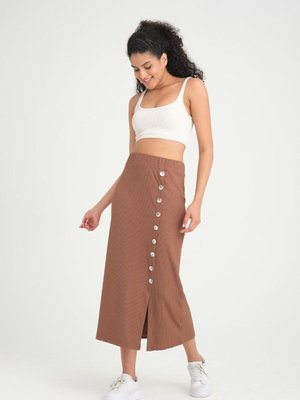 Kahve Kahverengi Beli Lastikli Düğme Detaylı Yırtmaçlı Likralı Kaşkorse Uzun Etek Kahve Kahverengi Beli Lastikli Düğme Detaylı Yırtmaçlı Likralı Kaşkorse Uzun Etek
