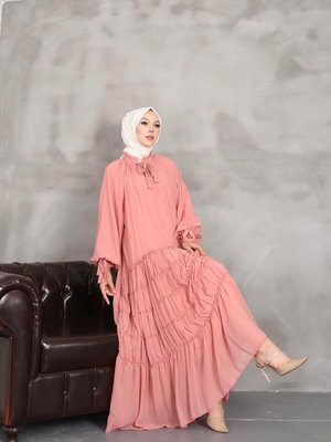 Pudra Kat Büzgülü Astarlı Şifon Elbıse Pudra Kat Büzgülü Astarlı Şifon Elbıse
