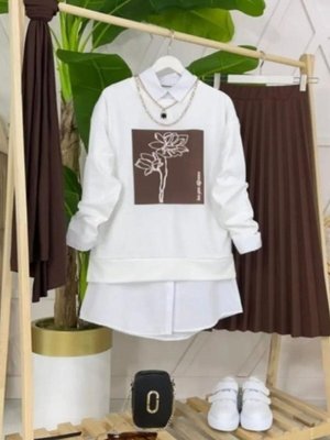 Kahverengi Çicek Baskılı Pilise Etekli Takım Kahverengi Çicek Baskılı Pilise Etekli Takım