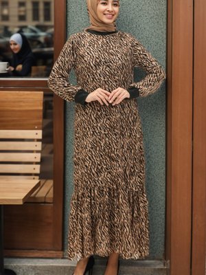 Siyah Vizon Desenli Vual Elbise Siyah Vizon Desenli Vual Elbise