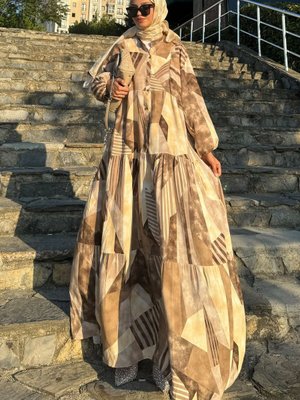 Sütlü Kahve Desenli Oversize Yazlık Viskon Elbise