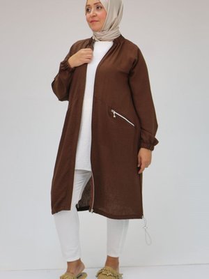 Kahve Büyük Beden Yakası Lastikli Fermuarlı Kap