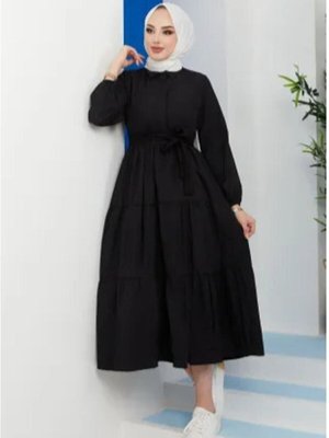 Siyah Standart Yaka Düğmeli Elbise