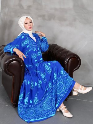 Mavi Desenli Viscon Elbise Mavi Desenli Viscon Elbise