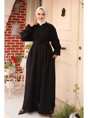 Siyah Gizli Fermuarlı Kuşaklı Ferace