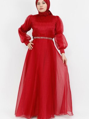 Bordo Dalya Kumaş Kemeri Taşlı Abiye Elbise Bordo Dalya Kumaş Kemeri Taşlı Abiye Elbise