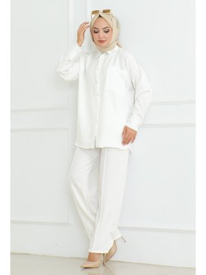 Beyaz Keten Gömlek Pantolon İkili Takım