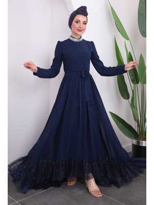 Lacivert Yaka Taşlı Etek Ucu Güpürlü Abiye Elbise
