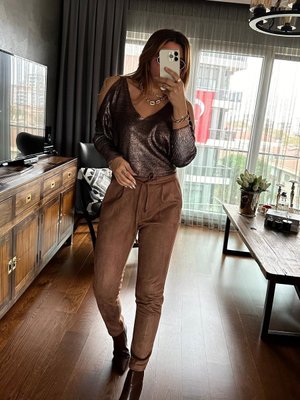 Kahve Güderi Beli Lastikli Pantolon