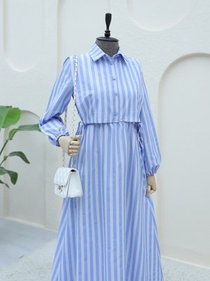 Yaka Bolero Detaylı Çizgili Uzun Gömlek Elbise
