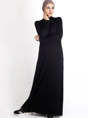 Dik Yaka Viskon Içlik Astar Uzun Pamuklu Iç Elbisesi Basic Elbise