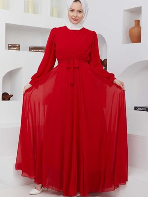 Kiraz Şifon Kırmızı Abiye Elbise