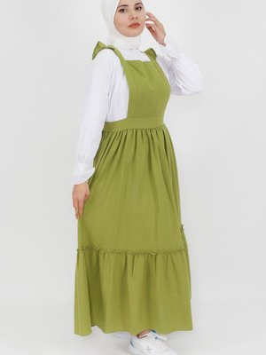 Yeşil Keten Kumaş li Jile Gömlek Elbise Yeşil Keten Kumaş li Jile Gömlek Elbise