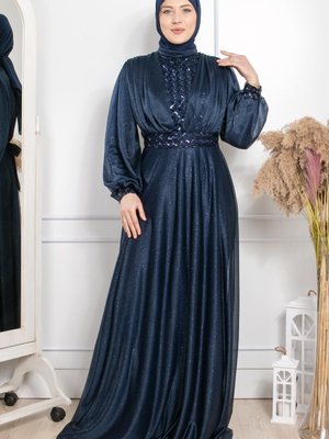 Simli Tül Rahat Kalıp Payet İşlemeli Büyük Beden Abiye Lacivert Simli Tül Rahat Kalıp Payet İşlemeli Büyük Beden Abiye Lacivert