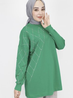 Yeşil Ekose Taş Baskılı İp Kumaş Sweatshirt Yeşil Ekose Taş Baskılı İp Kumaş Sweatshirt
