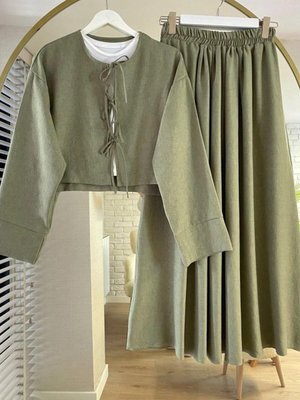 Yeşil Önu Baglamalı Kimono Takım