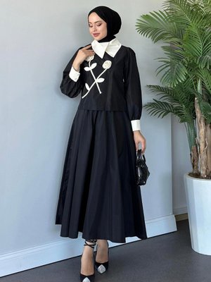 Gül Nakışlı Etekli Takım Siyah