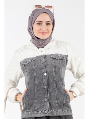 Gri Peluş Detaylı Kot Ceket Gri Peluş Detaylı Kot Ceket