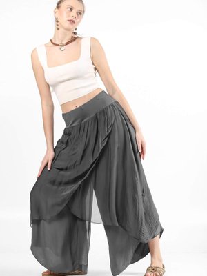 Antrasit Asimetrik Kapaklı İpek Şalvar Pantolon