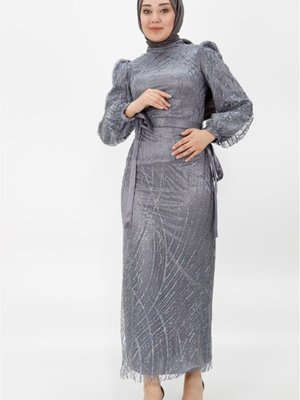 Gri Simli Tül Kumaş Balon Kol Abiye Elbise Gri Simli Tül Kumaş Balon Kol Abiye Elbise