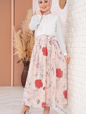 Somon Beli Lastikli Şifon Uzun Etek Somon Beli Lastikli Şifon Uzun Etek