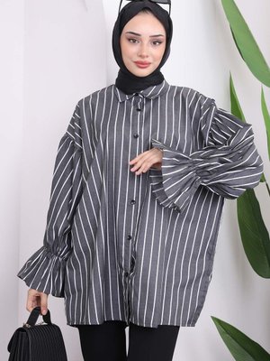 Siyah Kol Lastikli Çizgili Gömlek
