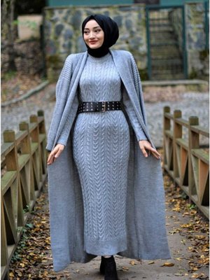 Gri Saç Örgü Desenli Triko Elbise Ceket Takım Hırka Gri Saç Örgü Desenli Triko Elbise Ceket Takım Hırka