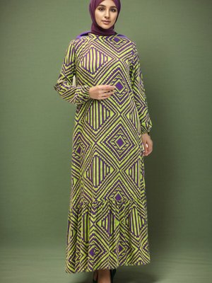 Fıstık Yeşili Eteği Büzgülü Desenli Viskon Elbise Fıstık Yeşili Eteği Büzgülü Desenli Viskon Elbise