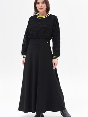İki İplik Bel Ribanalı Siyah Kloş Etek