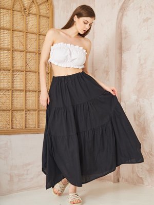 Siyah Cepli Asimetrik Kesim Fırfırlı Beli Lastikli Kat Salaş Spor Uzun Kloş Etek Siyah Cepli Asimetrik Kesim Fırfırlı Beli Lastikli Kat Salaş Spor Uzun Kloş Etek