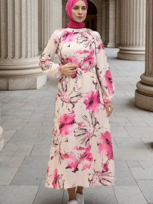 Bej Pembe Desenli Elbise Bej Pembe Desenli Elbise