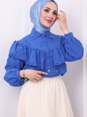 Saks Mavisi Ön Katlı Güpürlü Gömlek