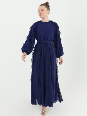 Lacivert Şifon Kumaş Beli Lastikli Fırfır Detaylı Abiye Elbise