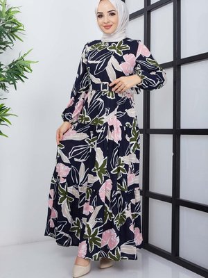 Lacivert Mimoza Viskon Elbise